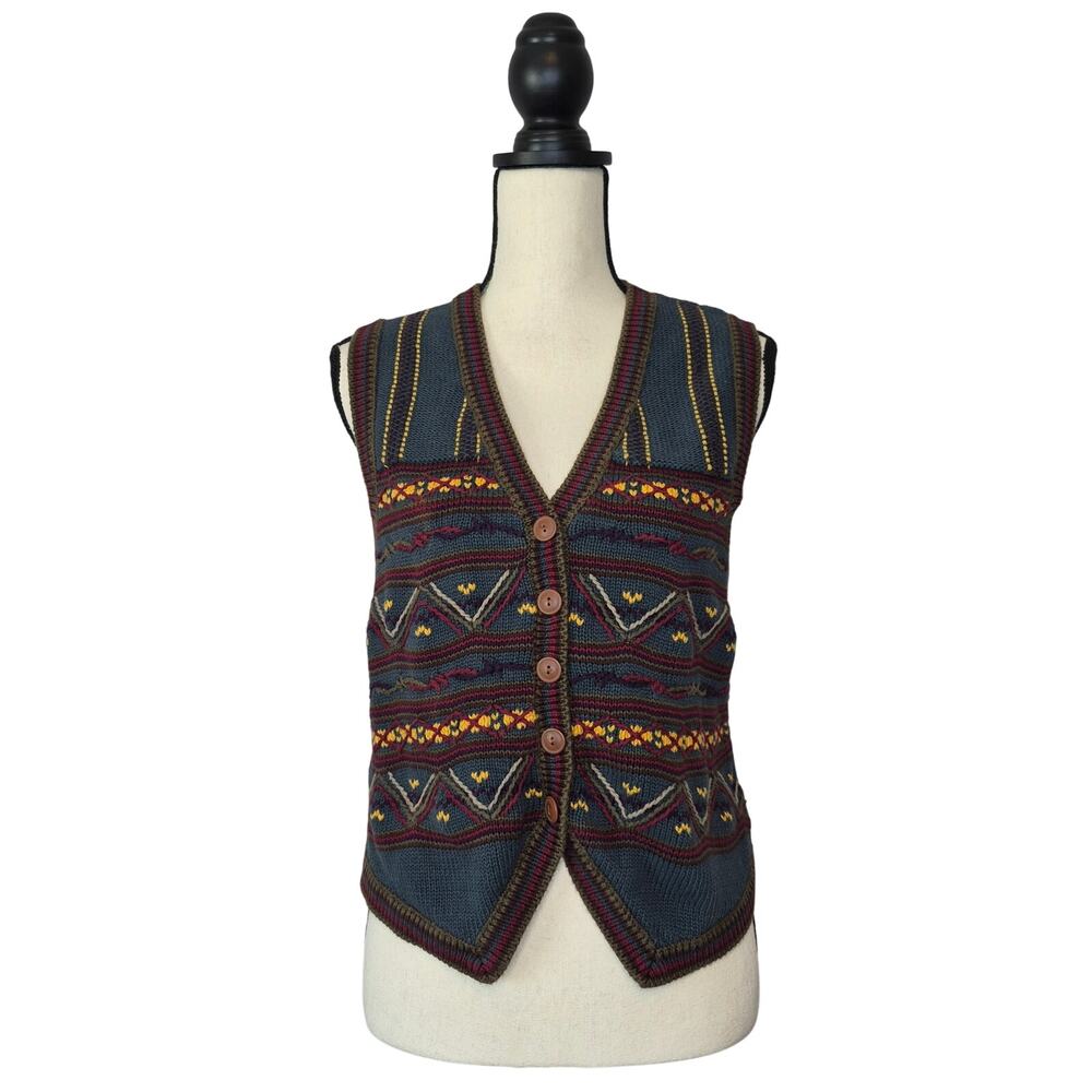 Vintage Lizwear Southwestern Cotton Knit Sweater Vest Boho Geometric Button Up M